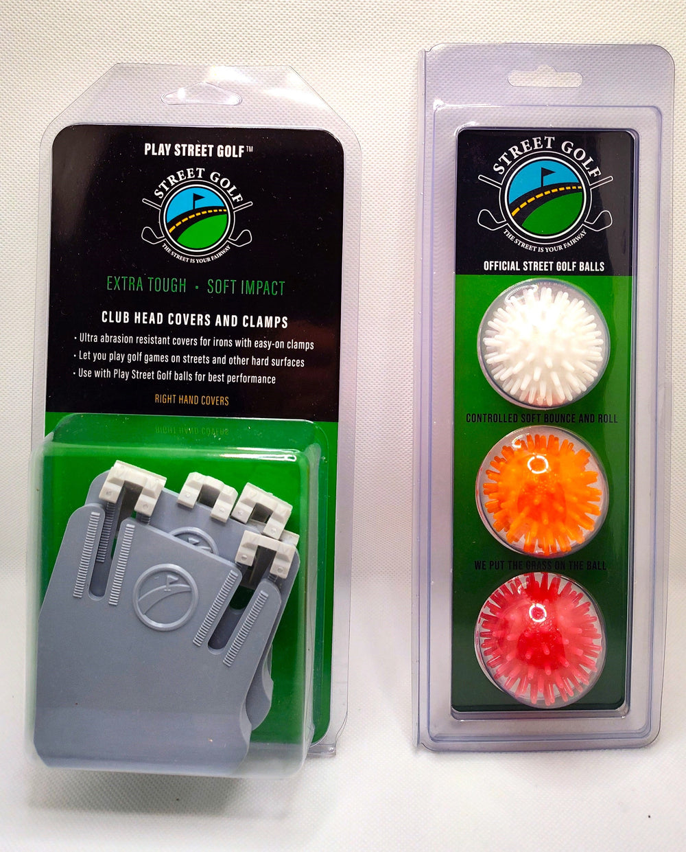 Play Now Package – Right-Hand Street Golf Starter Set with 2 Ultra-Durable Club Head Covers, 4 Attachment Clamps, and 3 High-Bounce Golf Balls – Free Shipping