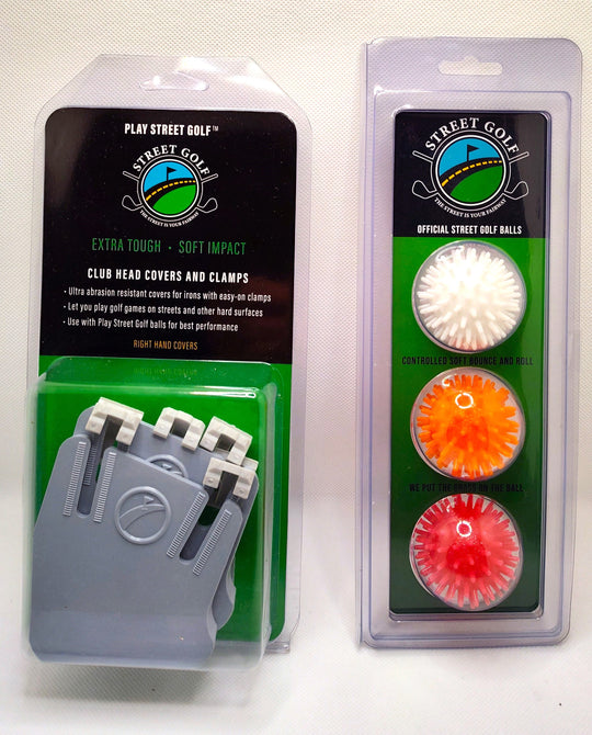 Play Now Package – Right-Hand Street Golf Starter Set with 2 Ultra-Durable Club Head Covers, 4 Attachment Clamps, and 3 High-Bounce Golf Balls – Free Shipping