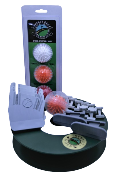 Complete package with 4 StreetTuf club covers, 1 Hill Holder Street Golf ball, 3 Street Golf balls in a pack, 1 Street Golf hole, 2 putting adapters, and 8 clamps