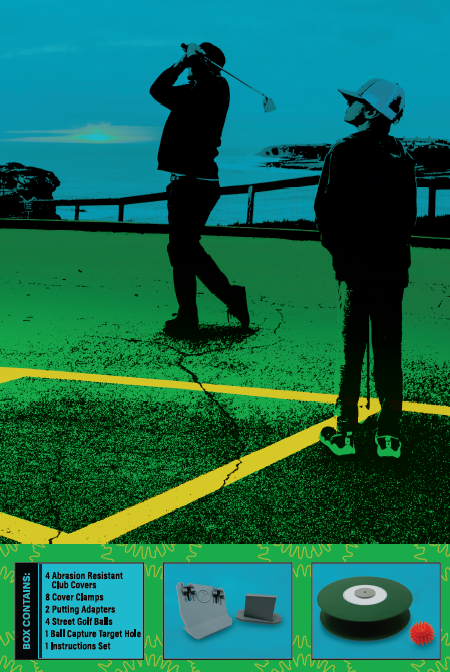 Man demonstrating a golf swing to a watching kid, with Urban Golf capture hole, club cover, putting adapter, and package items visible"